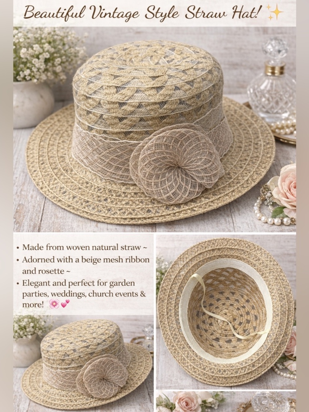 New Vintage Style Woven Straw Hat w/ Mesh Bow Rosette Beige Summer Church Garden